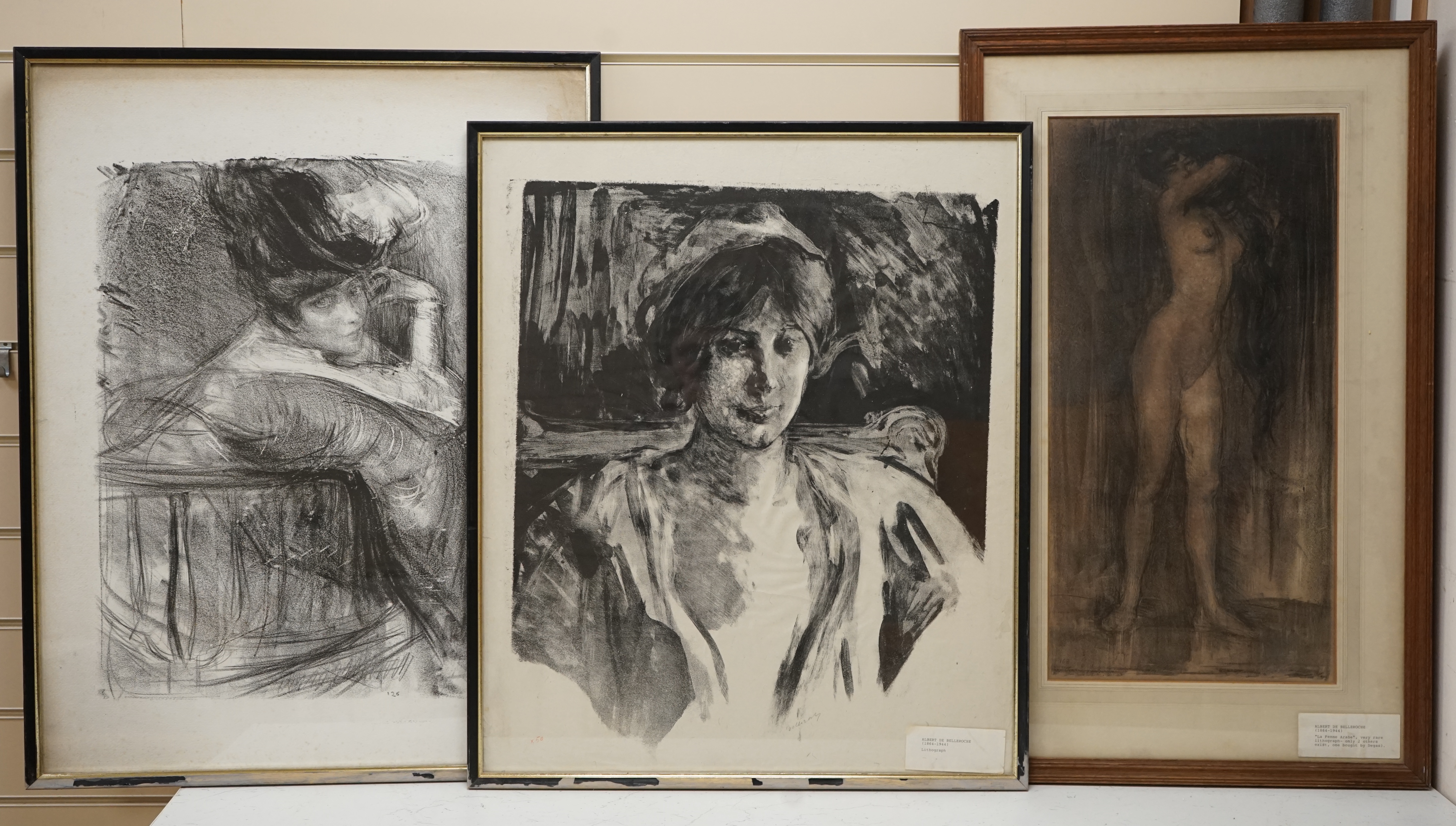 Albert de Belleroche (1864-1944), three lithographs to include ‘La Femme Arabe’ and two other portraits, one signed in pencil, others unsigned, largest 65 x 54cm. Condition - fair, some staining